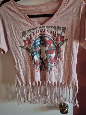 Affliction Pink Graphic V-Neck Fringe Tee